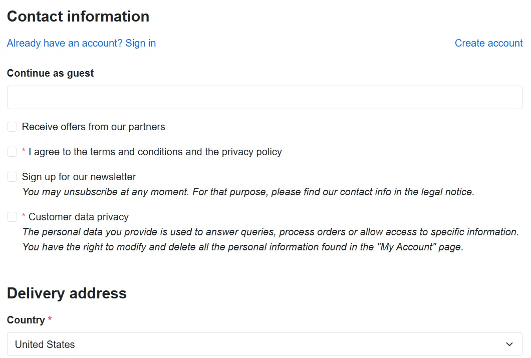 Native PrestaShop 9.2 one page checkout: Contact information with Sign in and Create account links, a Continue as guest email field and four consent checkboxes above the delivery address