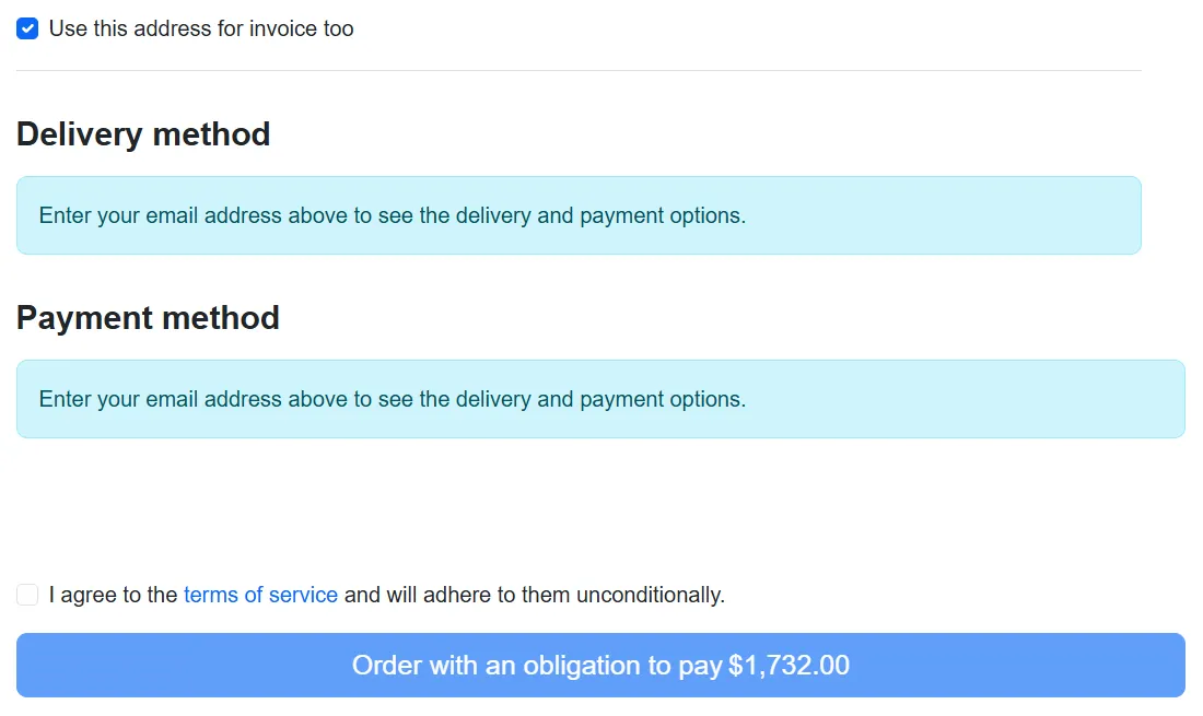 Native PrestaShop 9.2 one page checkout: Delivery method and Payment method sections showing “Enter your email address above to see the delivery and payment options”, a terms of service checkbox and the order button