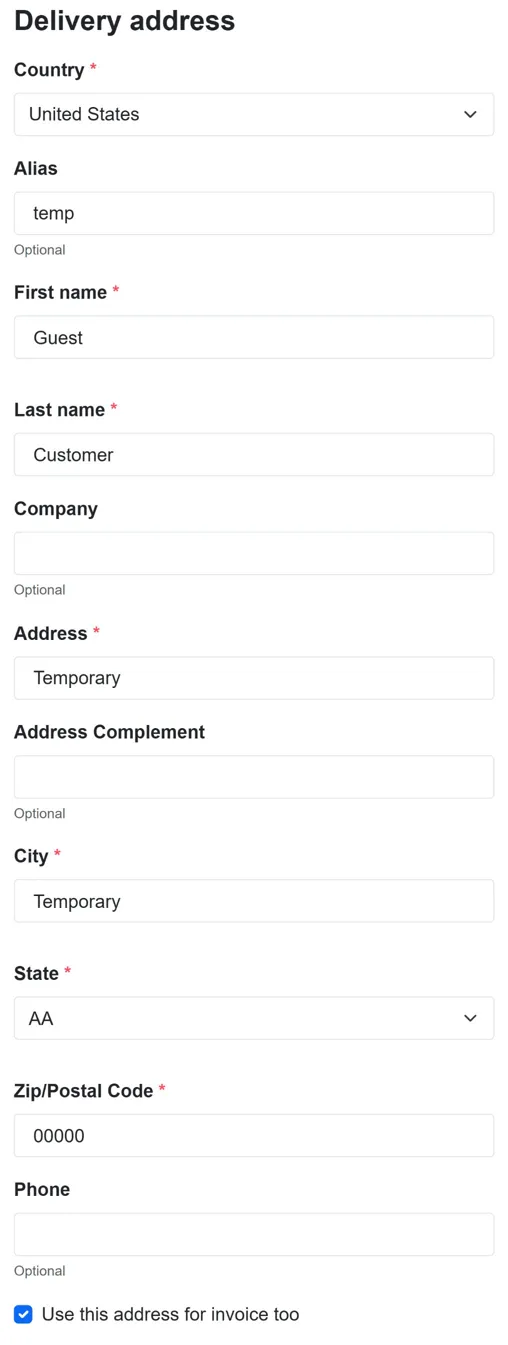 Native PrestaShop 9.2 checkout on a phone: delivery address fields pre-filled with temp, Guest, Customer, Temporary and 00000
