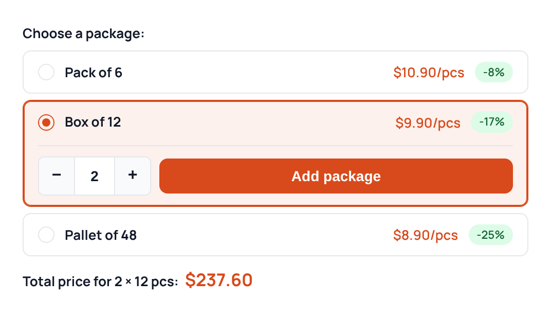 Pack Selector block on a product page: three packages with price per piece and saving, Box of 12 selected with two packages