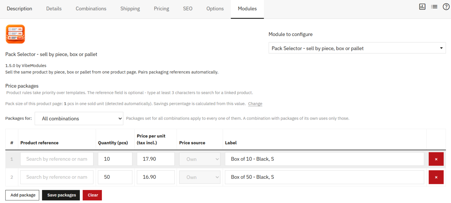 Pack Selector nella scheda Moduli di un prodotto PrestaShop: righe delle confezioni con riferimento, quantità, prezzo al pezzo, origine del prezzo ed etichetta