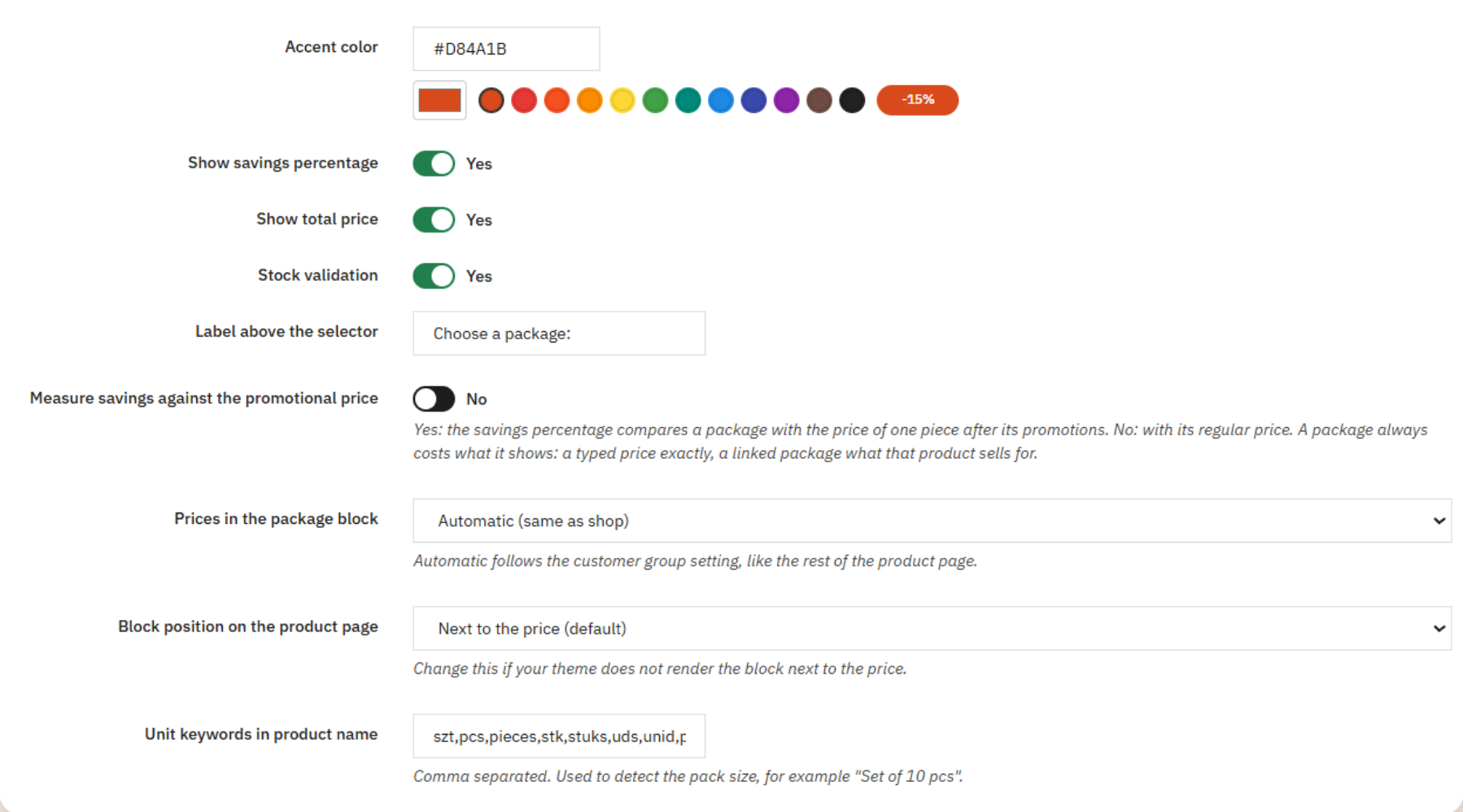 Impostazioni di Pack Selector: colore principale, percentuale di risparmio, prezzo totale, controllo delle giacenze, etichetta, visualizzazione del prezzo e posizione del blocco