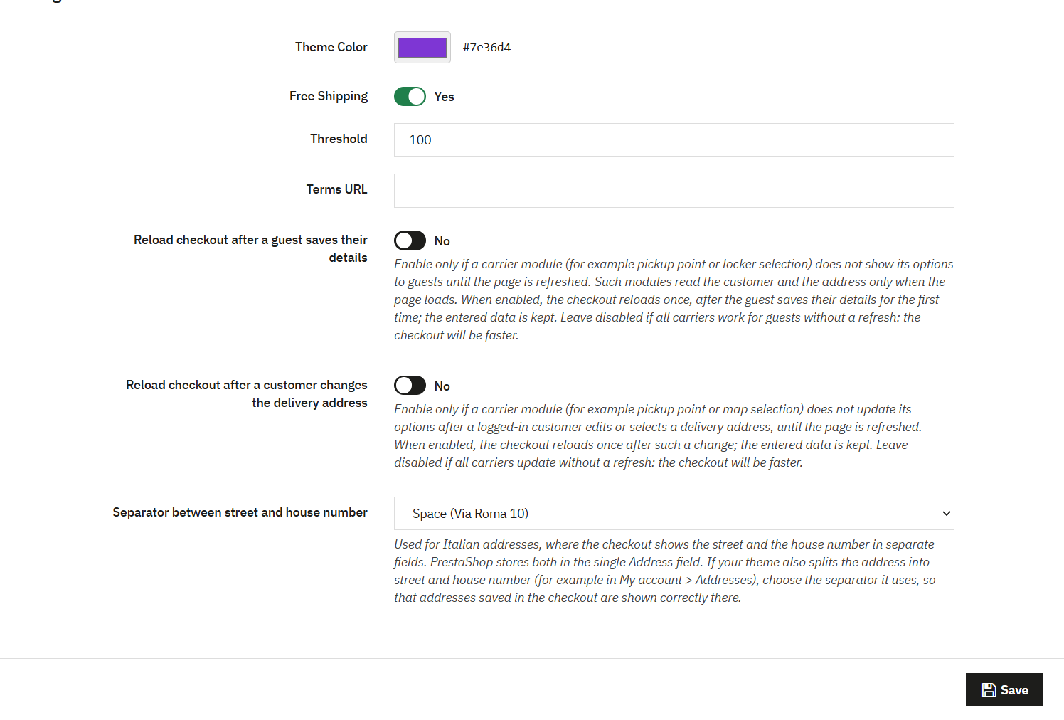 Pagina di configurazione di Prime OPC nel back office di PrestaShop: colore del tema, soglia di spedizione gratuita, link alle condizioni, opzioni di ricaricamento e separatore della via