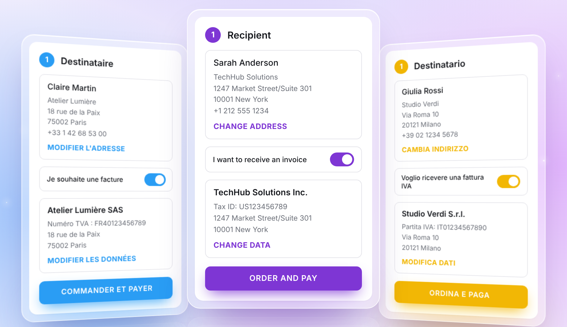 Tre checkout di Prime OPC in blu, viola e giallo, in francese, inglese e italiano: destinatario, interruttore per la fattura, dati dell’azienda e pulsante dell’ordine