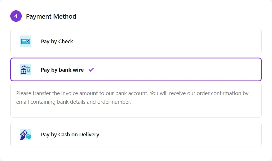 Prime OPC payment step on the same page as delivery, with bank wire selected and its instructions shown
